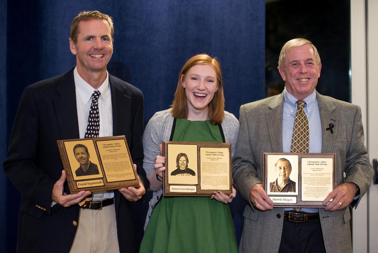 Photo by Tom Miller:

Chesapeake College held its 12th annual Athletic Hall of Fame induction dinner on Thursday night.  Inductees, left to right, included Frank Szymanski (head baseball coach/athletics director), women’s softball student athlete Janean Lowenberger, and Durrie Hayes (head women’s softball coach).  The college’s last four women’s basketball teams – each of which won the Region XX championship – were also inducted in the team category.